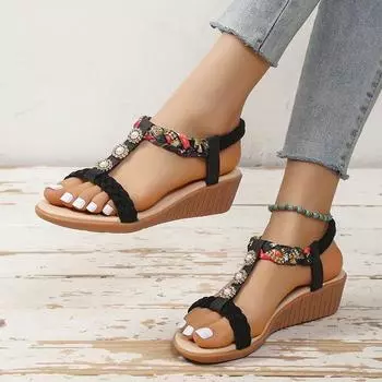 Large size sandals women s summer 2025 new thin-soled beach shoes European and American ethnic style foot sandals 36 чёрный