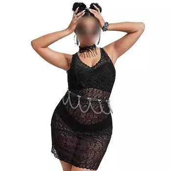 Сексуальное нижнее белье большого размера, кружевное, облегающее, короткий топ на бретелях, V-образный вырез, без рукавов, короткая юбка, черная жаккардовая ночная сорочка 1XL