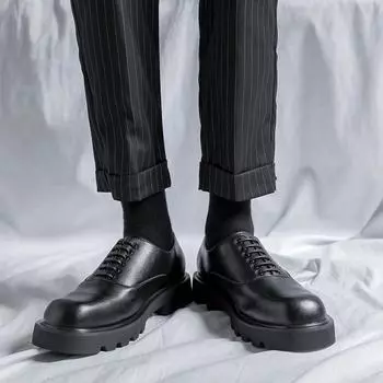 Большие размеры обуви новые низкие повседневные квадратные туфли из кожи 45 мужские корейские версии нишевые мужские туфли на платформе 15961-R 38 чёрный
