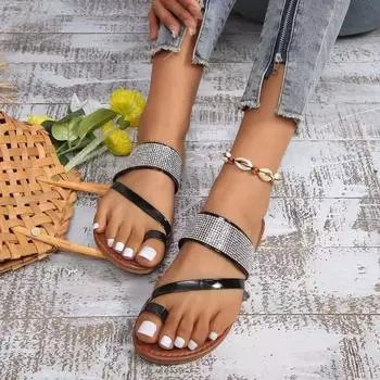 Большие тапочки женские летние 2024 года новые со стразами на носках серебристо-черные плоские шлепанцы filp flops 35 серебряный