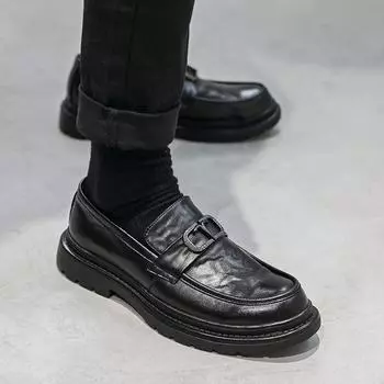 Большие размеры Маленькие кожаные туфли 45 46 Платформа Британский стиль Новые круглые мокасины мужские 3518-T 38 чёрный