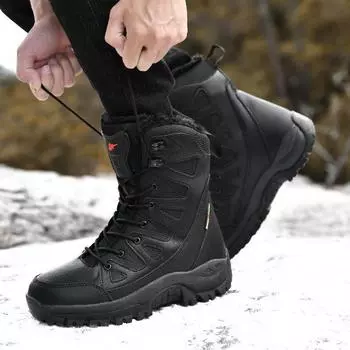 Large size snow boots winter new high-top couple velvet outdoor hiking shoes thermal cotton shoes tactical boots men 36 чёрный