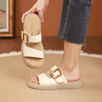 Large size solid color 2025 spring and autumn new round head thick bottom fashion casual outer wear belt buckle sandals women 35 жёлтый