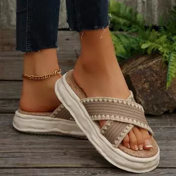 Large size solid color 2025 summer new round head fashion casual cross one-word thick-soled slippers women 35 темно-коричневого