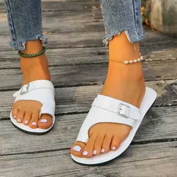 Large size solid color 2025 summer new round head thick bottom fashion belt buckle women s one-character sandals 36 белый