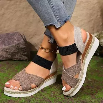 Large Size Summer Hemp Rope Straw Platform High Heel Open Toe Sandals Women s Slope Heel Beach Shoes Size 36-43 35 чёрный