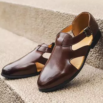 Large size summer new casual leather shoes fashionable men s summer breathable hollow Roman buckle leather sandals men 38