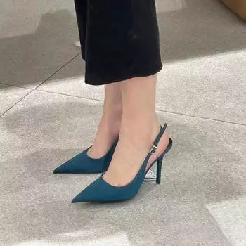 Large size summer new simple women s sandals bag head fashion suede thin heel pointed head Korean version versatile high heel sandals 35 синий