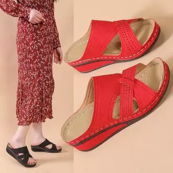 Large size summer new wedge heel mid-heel open-toe cross solid color 35-43 size women s slippers 35 жёлтый
