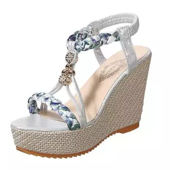 Large size summer new wedge heel women s shoes color matching fabric weaving open-toed empty casual women s sandals 35