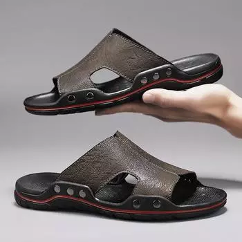 Large size summer sandals men s one-word slippers casual beach trend outdoor sandals outside ins slippers men 38 хаки