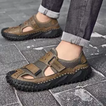 Large size suture cowhide hollow breathable cowhide casual men s sandals cloth mesh hole shoes Asian Shoes 38