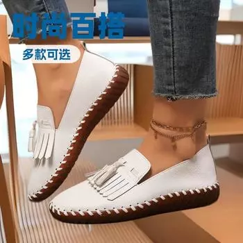 Большие размеры кисточки чистого ручного пошива подошвы с круглым носком повседневные одинарные женские туфли 25 мягкая подошва однотонные однотонные туфли с одной педалью 35 белый