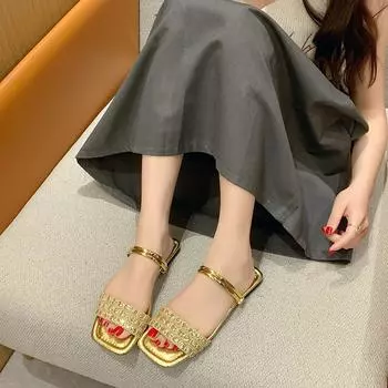 Large size two wearing sandals women 255 summer new rhinestone one type fashion wear cool slippers women slippers 35 золотой