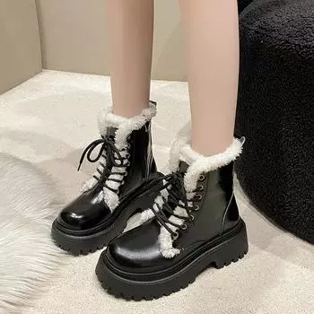 Large size warm side zipper thick-soled velvet snow boots 2024 winter new round head thickened muffin Martin boots women 35 чёрный