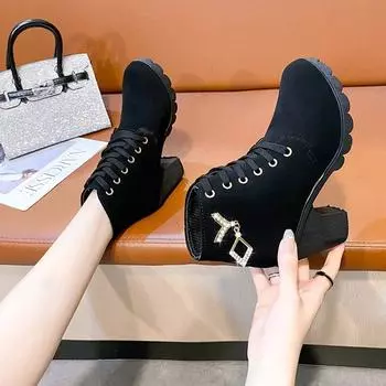 Большие размеры женских сапог 2024 года, осень и зима, новые одинарные сапоги на высоком каблуке, толстый каблук, круглый нос, шнуровка и голые сапоги, рыцарские сапоги 35 чёрный