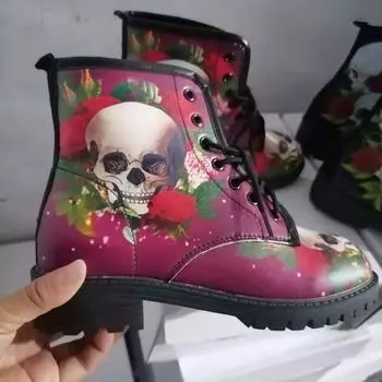 Large size women s boots British PU women s shoes fashion tooling boots Large size printed autumn women s high-top skull pattern Martin boots women 36 белый