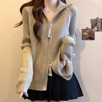 Large size women s clothing autumn and winter solid color double-ended zipper thin pit strip lazy temperament cardigan lapel knitted sweater top One size