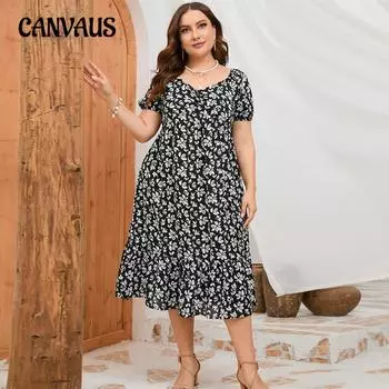 Large Size Women s Dress Bubble Sleeve Ruffle Printed Elegant Skinny Dresses