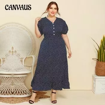 Женское платье большого размера, летнее модное платье в горошек плюс толстое платье, длинные модные платья с коротким рукавом