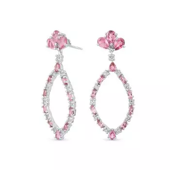 Large Statement Open Teardrop Gemstone Pink Tourmaline Leaf Chandelier Earrings for Sterling Silver Women.925 розовый