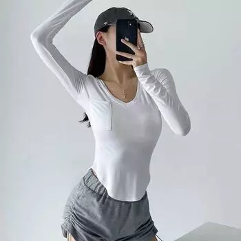 Large V-neck Patch Pocket Thin Long Sleeves Women s T-shirt Stretch Silm High Waist Midriff Outfit Fashion Wind Pure Desire Sexy Tops White S