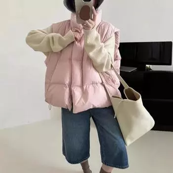 Large version down vest stand neck oblique zipper simple thickened white duck down sleeveless versatile thermal vest One size бежевый