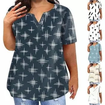 Large Women s Top Flower Print V-Neck Short Sleeve Pocket Shirt Casual XXXL