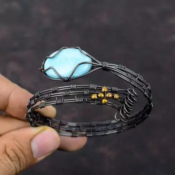 Larimar Cuff Bracelet Copper Wire Wrapped Bangle Adjustable Cuff Bracelet Copper Wire Wrapped Jewelry Gift For Him Handmade Gemstone Jewelry