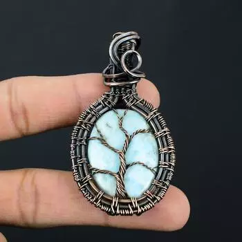 Ларимар драгоценный камень ручной работы из чистой медной проволоки, завернутый в кулон, ювелирные изделия на День Благодарения 2.56 Inches синий