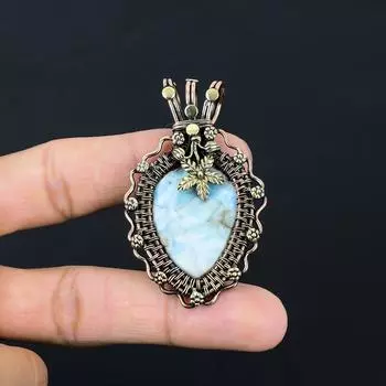 Ларимар драгоценный камень ручной работы из чистой медной проволоки, завернутый в кулон, ювелирные изделия на День Благодарения 2.56 Inches синий