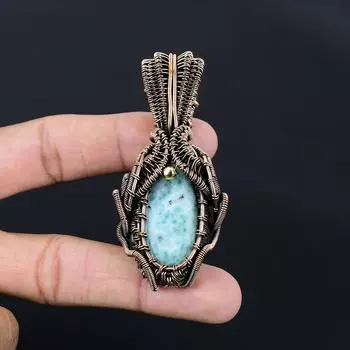 Ларимар драгоценный камень ручной работы из чистой медной проволоки, завернутый в кулон, ювелирные изделия на День Благодарения 2.83 Inches синий