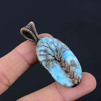 Ларимар драгоценный камень ручной работы из чистой медной проволоки ювелирные изделия прекрасный кулон для нее 2.36 Inches синий
