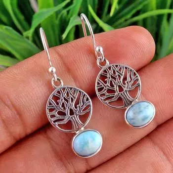 Ларимар Древо Жизни Серьги Стерлингового Серебра 925 Ювелирные Изделия Ручной Работы Женщины Висячие Серьги синий