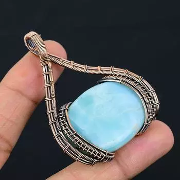 Larimar Gemstone Чистая медная проволока Обернутая дизайнерская подвеска ручной работы Ювелирные изделия для нее 2.48 Inches синий