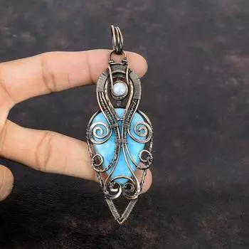 Larimar Gemstone Pendant Copper Wire Wrapped Pendant Rainbow Moonstone Pendant Copper Jewelry Anniversary Gift Handmade Wire Wrapped Jewelry