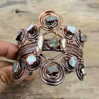 Ларимар грубый браслет аквамарин грубый браслет гальванопластика медь браслет-манжета драгоценный камень регулируемый браслет ювелирные изделия ручной работы с жемчугом для подарков