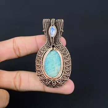 Ларимар и лунный камень, драгоценный камень, обертка ручной работы из чистой медной проволоки, удивительный ювелирный кулон