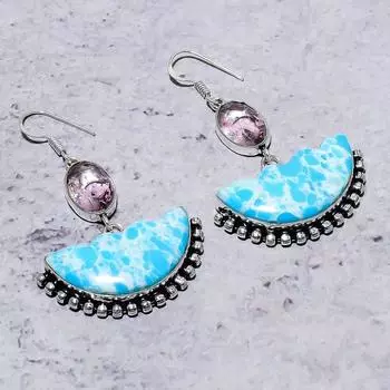 Ларимар,Кунцит драгоценный камень, ручная работа, серебро 925 пробы, серьги 2,36 дюйма i2D52