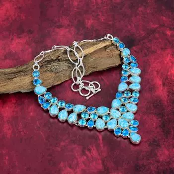 Ларимар, ожерелье с голубым топазом, драгоценные камни, ожерелье ручной работы из цельного серебра 925 пробы, ювелирные изделия последнего дизайна Adjustable With 18 Inches синий