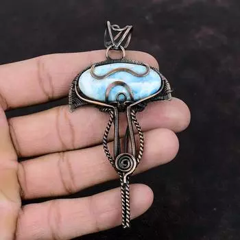 Подвеска из ларимара, обернутая медной проволокой, ювелирные изделия из драгоценных камней ларимара, дизайнерская подвеска ручной работы, уникальные ювелирные изделия из медной проволоки, подарки на помолвку