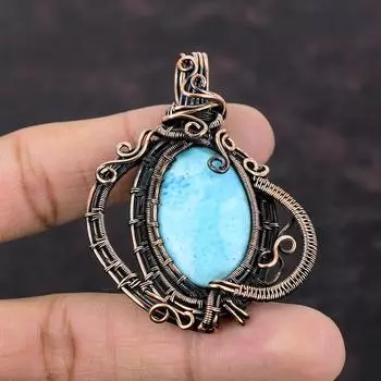 Larimar Pendant Copper Wire Wrapped Pendant Natural Gemstone Pendant Copper Jewelry Handmade Pendant Wire Wrap Larimar Jewelry Gift For Him