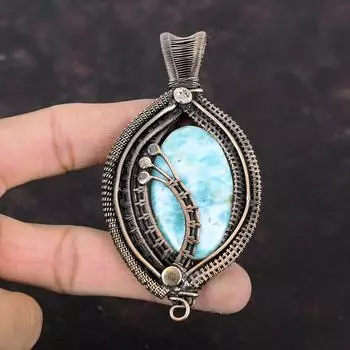Larimar Pendant Copper Wire Wrapped Pendant Unique Style Pendant Handmade Genuine Gemstone Pendant Copper Wire Wrap Jewelry Anniversary Gift