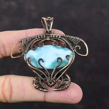 Ларимар Подвеска с драгоценным камнем Медная проволока Обернутая подвеска Ювелирные изделия в виде черепахи Ручная работа Уникальный стиль Подвеска Медная проволока Обернутая ювелирное изделие Подарок для него