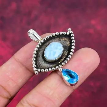 Ларимар, подвеска с голубым топазом, ювелирные изделия из цельного серебра 925 пробы с драгоценными камнями, подвеска ручной работы, на День благодарения 1.96 Inches синий