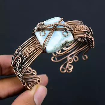 Larimar Pure Copper Wire Wrapped Ювелирные изделия ручной работы Браслет Регулируемый для свадебного подарка Adjustable синий