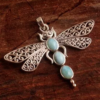Ларимар Стрекоза Подвеска Твердый 100% Стерлингового Серебра 925 пробы Очаровательные Ювелирные Изделия Женский Подвеска синий
