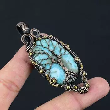 Larimar Tree of Life Pendant Copper Wire Wrapped Pendant Larimar Gemstone Pendant Copper Handmade Pendant Gift For Her Larimar Jewelry синий