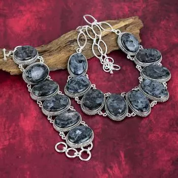 Ларвикит драгоценный камень ручной работы из цельного серебра 925 пробы, регулируемое ожерелье и браслет комплект ювелирных изделий для свадебного подарка Adjustable With 8 -18 серый