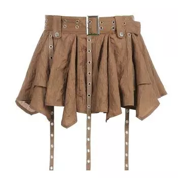 Laser Lazer Fashion Waste Soil Wind Retro Asymmetrical Umbrella Skirt Exotic Bohemia Belt Skirt Coffee S